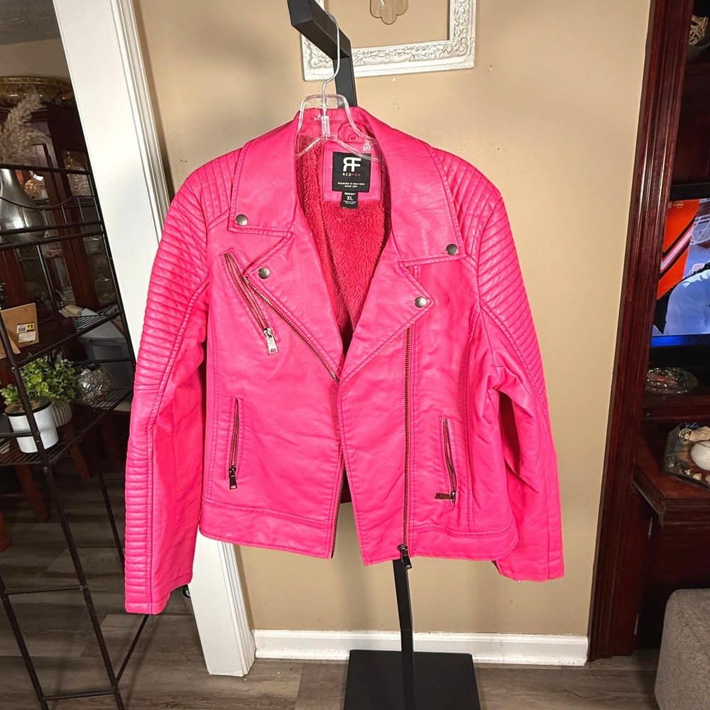 Redfox Hot Pink Faux Leather Moto Jacket Faux Fur Lined Ribbed Biker XL